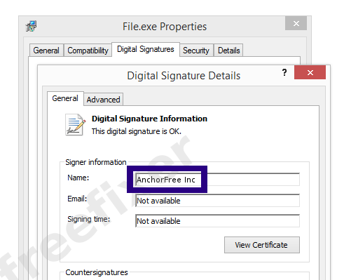 Screenshot of the AnchorFree Inc certificate